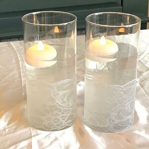 Set of 2 cylinder glass floating candle holders embellished white floral lace